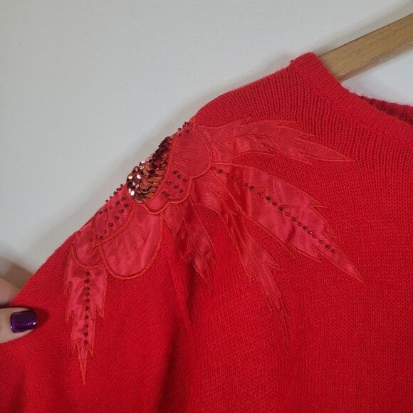 Embellished Shoulder Appliques Vintage Cashmere Blend Bright Red Sweater - Picture 9 of 15